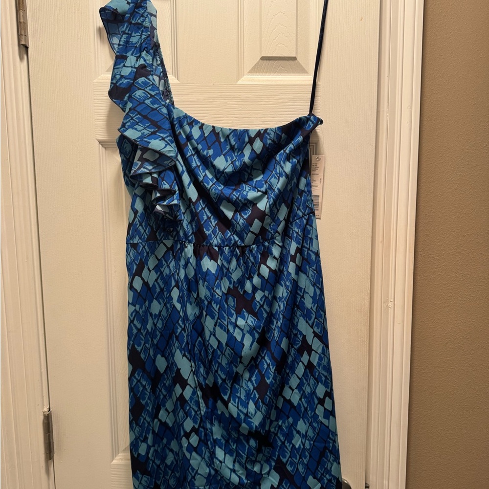 One-Shoulder Blue Patterned Women's Dress